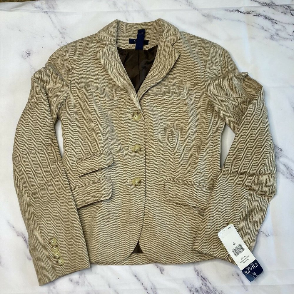 Chaps Womens 4 Tan Jacket Houndstooth  L/S Blazer Linen/cotton New NWT L32